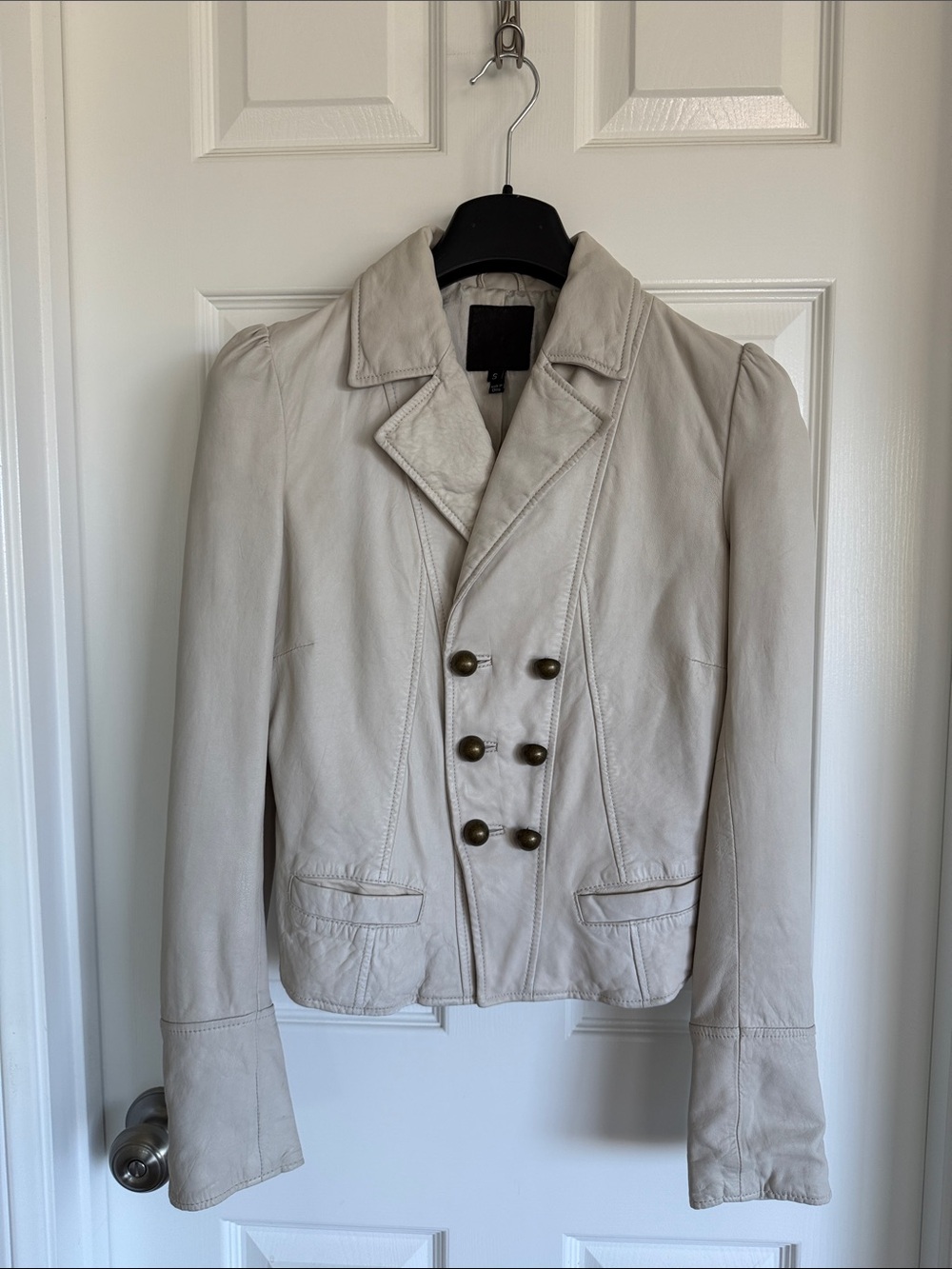 Joie Cream Double-Breasted Lamb-skin Leather Jacket